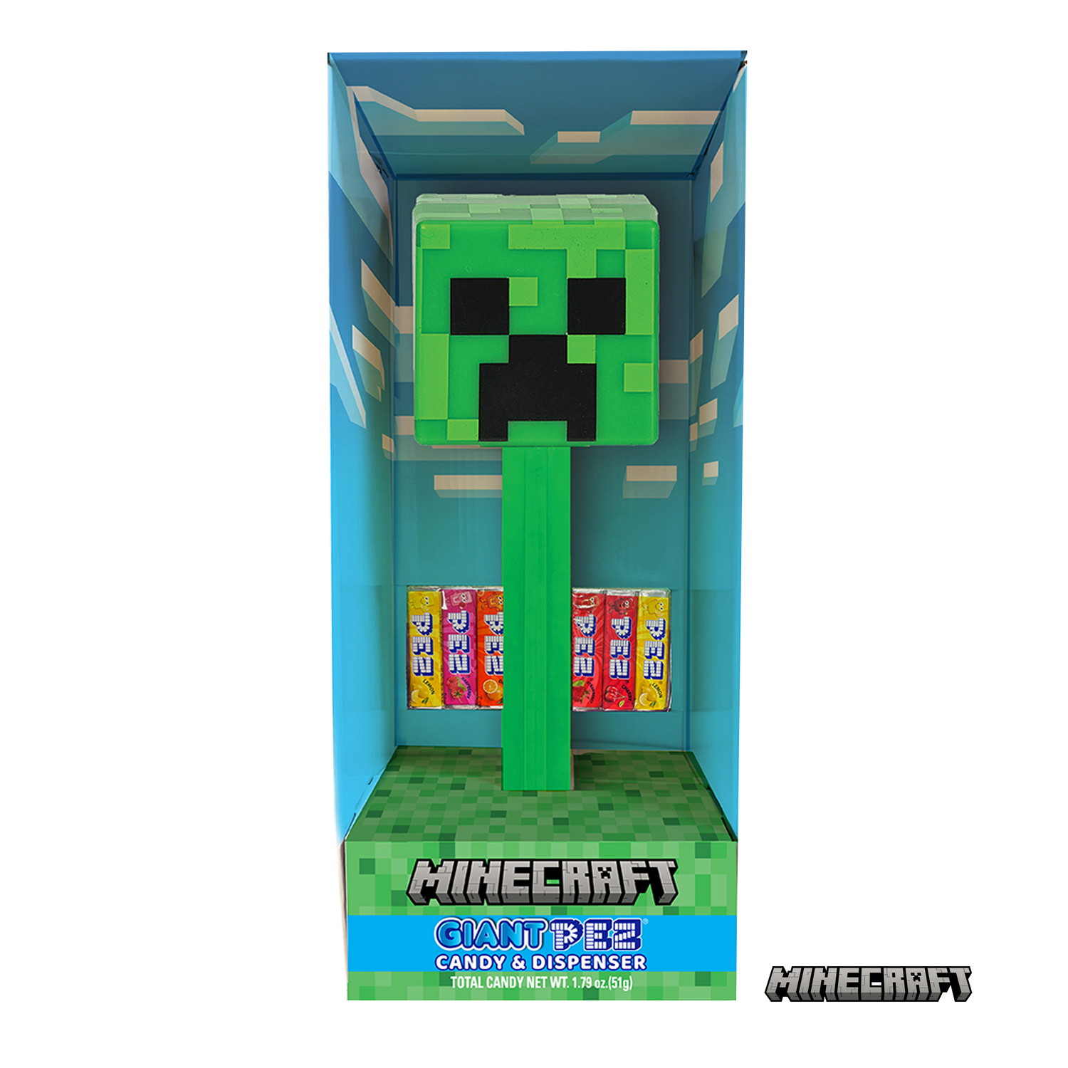 Minecraft Creeper Pez candy dispenser in its original blue window box packaging, featuring a green Creeper head dispenser and six colorful candy bars inside.