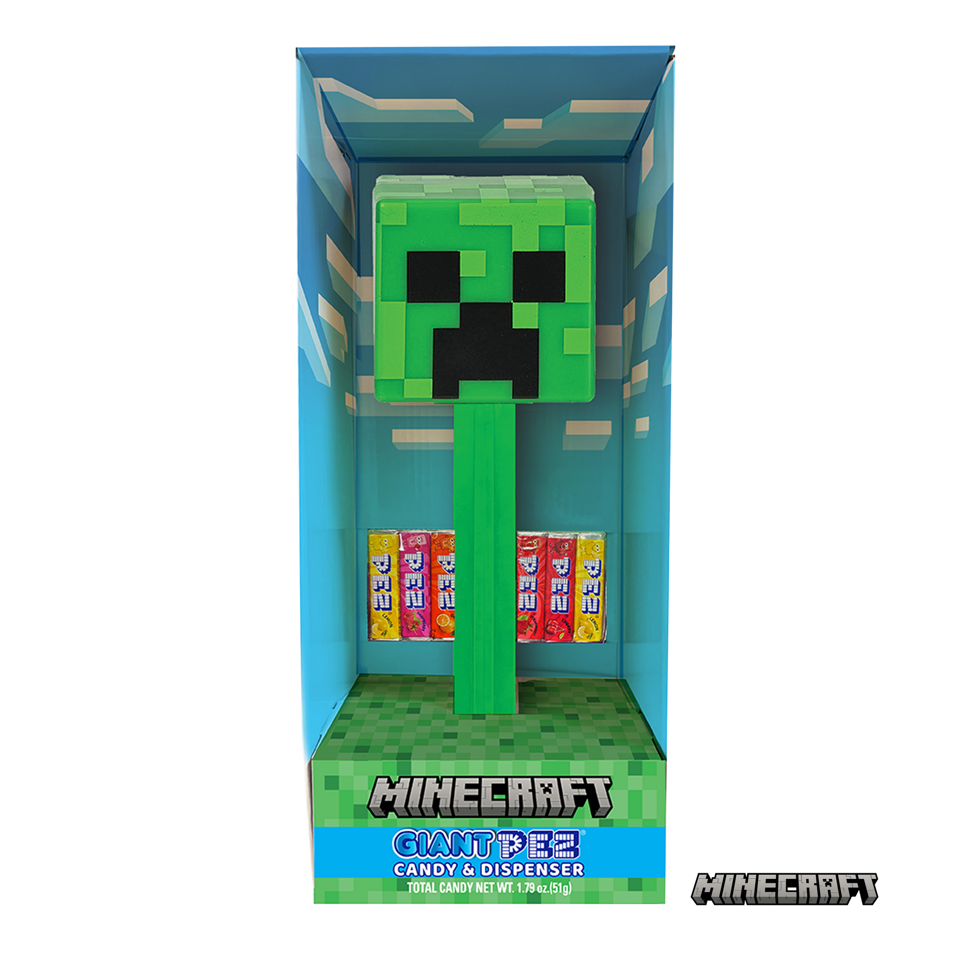 Minecraft Creeper Pez candy dispenser in its original blue window box packaging, featuring a green Creeper head dispenser and six colorful candy bars inside.